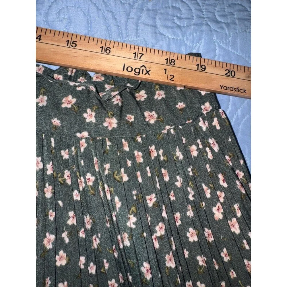 Floral Pleated Midi Skirt Green With Pink & White Flowers Large 100% Cotton Vint - Picture 5 of 6